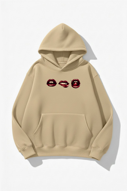 Unisex Yumuşak Dokulu 3'Lü Dudak Baskılı Tasarım Oversize 3 İplik Hoodie Sweatshirt