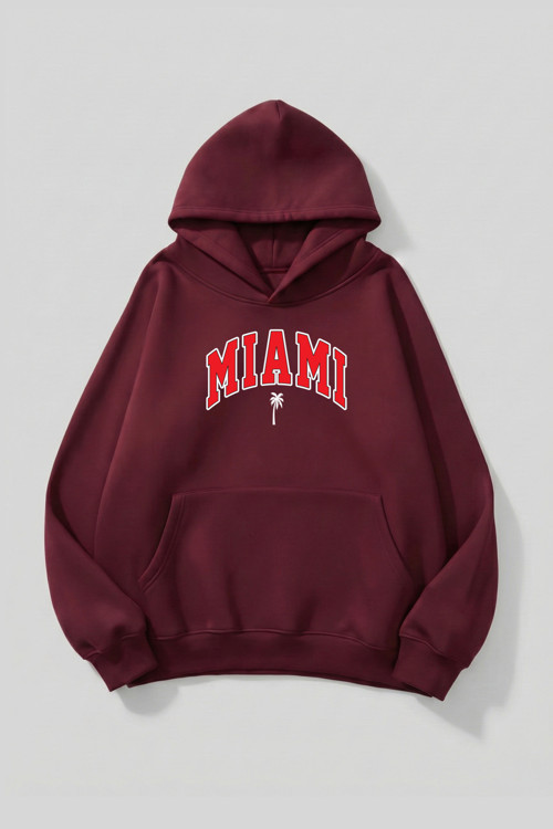 Unisex Yumuşak Dokulu Miami Baskılı Tasarım Oversize 3 İplik Hoodie Sweatshirt