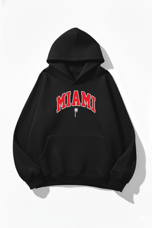 Unisex Yumuşak Dokulu Miami Baskılı Tasarım Oversize 3 İplik Hoodie Sweatshirt