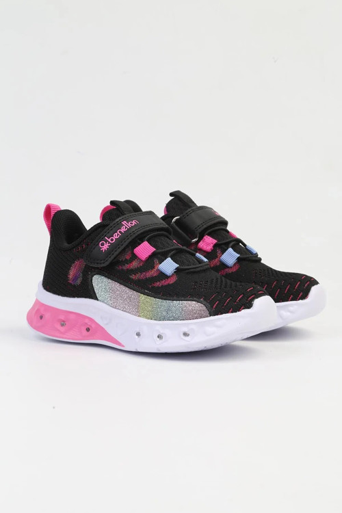 Siyah-Beyaz Triko Cırtlı Işıklı Kız Çocuk Yürüyüş ve Spor Ayakkabı Sneaker BNI-10124 P