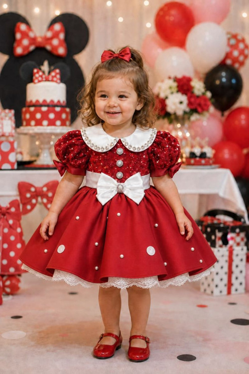 Kırmızı Inci Ve Boncuk Işlemeli Beyaz Yaka Detaylı Kız Çocuk Minnie Konsept Doğum Günü Elbisesi
