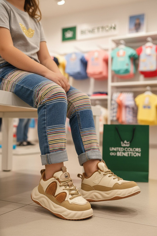 Bej Bağcıklı Kalın Tabanlı Unisex Çocuk Spor Ayakkabı Snekaer BN-12031