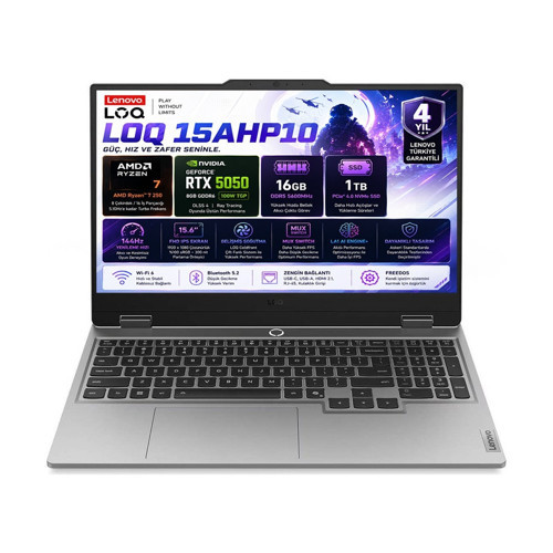 LOQ 15AHP10 AMD Ryzen 7-250 16GB DDR5 1TB SSD RTX 5050 8GB 100W 15.6 Inç Full HD 144Hz IPS Freedos Gaming Laptop (83JG00