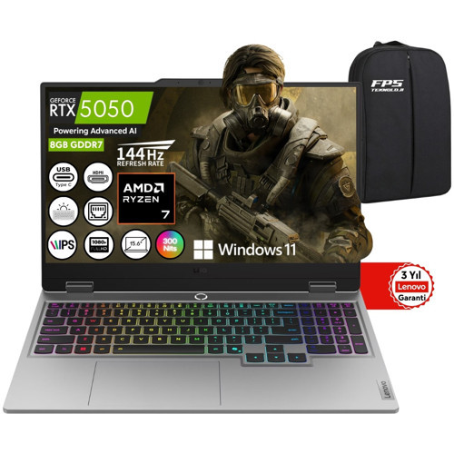 Loq Ryzen 7 250 RTX5050 24GB Ram 1tb SSD 15.6" Fhd IPS 144Hz W11 83JG008VTR Taşınabilir Bilgisayar