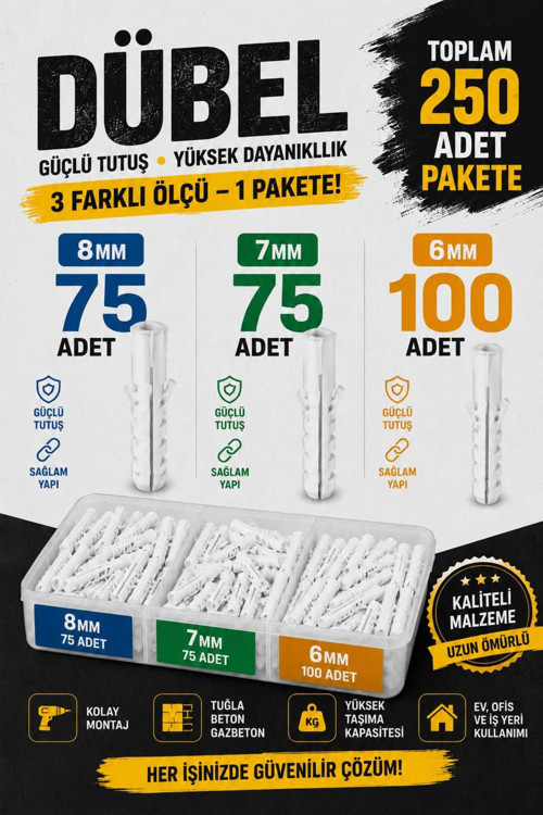 250Adet Dubel Seti (6Mm 7Mm 8Mm)