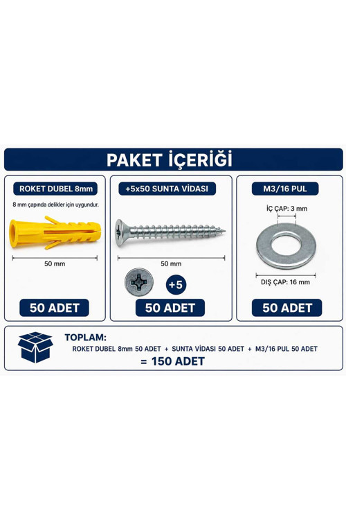 Vida Dubel Pul Seti 150Pcs (5X50 Vidası 8Mm Roket Dubel 3/16Pul)