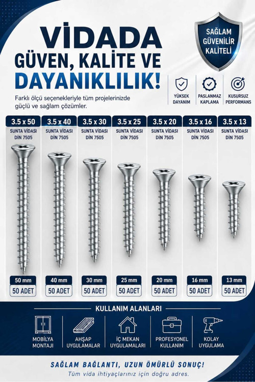 Sunta Vidası Seti 3.5*13 3.5*16 3,5*20 3,5*25 3,5*30 3,5*40 3,5*50 - 7Parca 350Pcs
