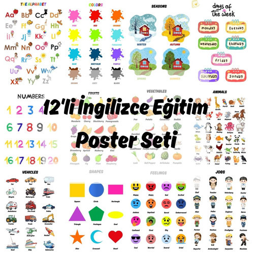 Okul Öncesi İngilizce Eğitim Poster Seti 12'Li A4 Çerçevesiz
