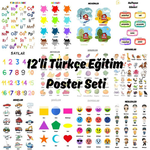 Okul Öncesi Türkçe Eğitim Poster Seti 12'Li A4 Çerçevesiz