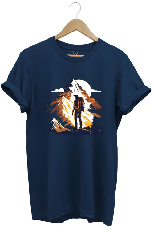 Mountain Dağ Yürüyüşü Ve Kar Manzara Baskılı %100 Pamuk Unisex Regular Fit Lacivert T-Shirt