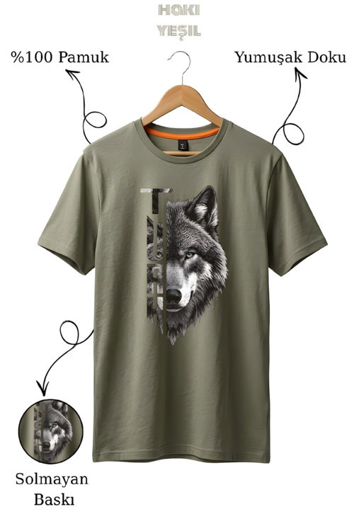 Kurt Baskılı %100 Pamuk Haki Yeşil T-Shirt
