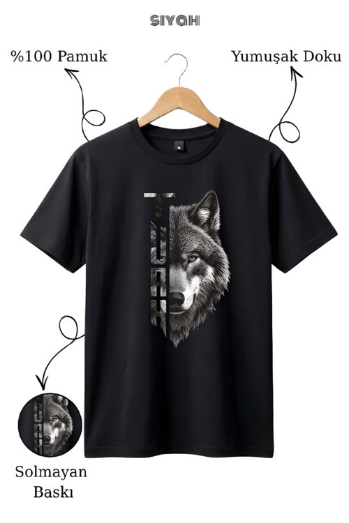 Kurt Baskılı %100 Pamuk Siyah T-Shirt
