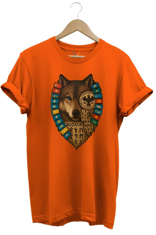 Türk Devletleri Bayrakları Baskılı %100 Pamuk Regular Fit Lacivert Bozkurt T-Shirt