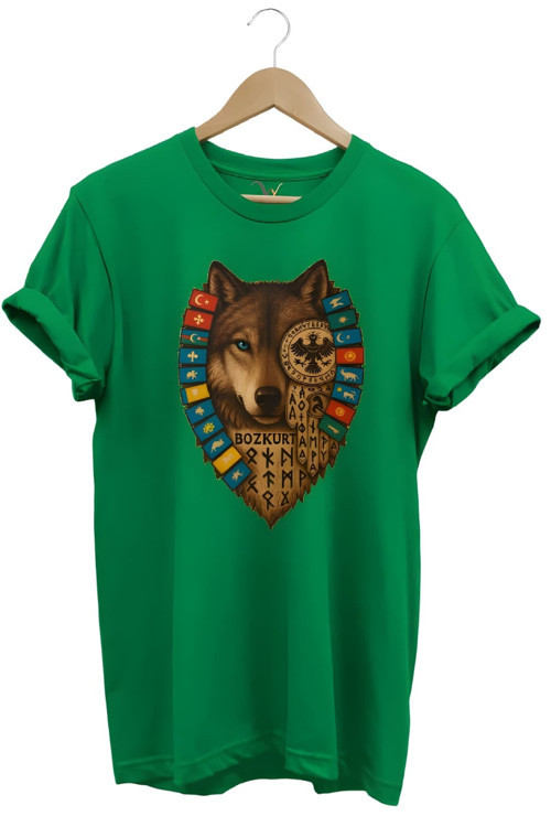 Türk Bayrakları Baskılı %100 Pamuk Regular Fit Yeşil Bozkurt T-Shirt