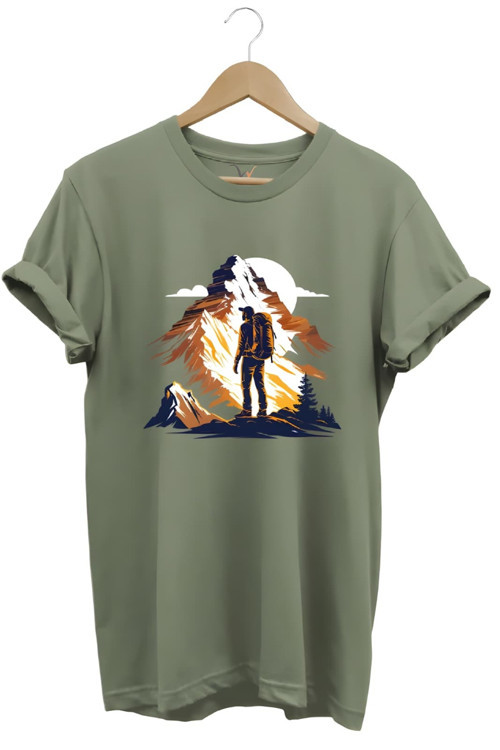 Mountain Dağ Yürüyüşü Ve Kar Manzara Baskılı %100 Pamuk Unisex Regular Fit Haki T-Shirt