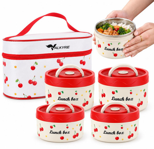 4 Katlı Kirazlı Yemek Termosu 2040 ml 304 Paslanmaz Çelik Lunch Box Isı Yalıtımlı Çantalı