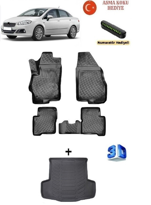 Fiat Linea 2007 Sonrası Uyumlu 3D Havuzlu Paspas ve Bagaj Havuzu Seti ASMA KOKU VE NUMARATÖR