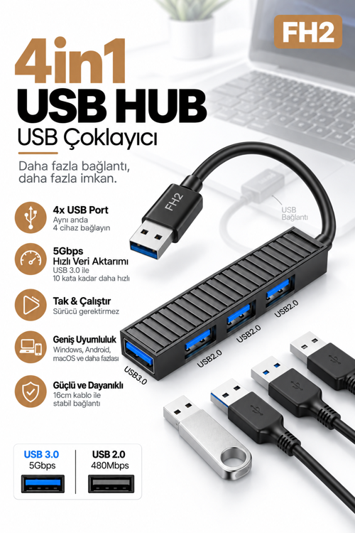 FH2 4 Port USB Hub Çoklayıcı – USB 3.0 5 Gbps + 3× USB 2.0, USB-C Güç Girişli Tak Çalıştır