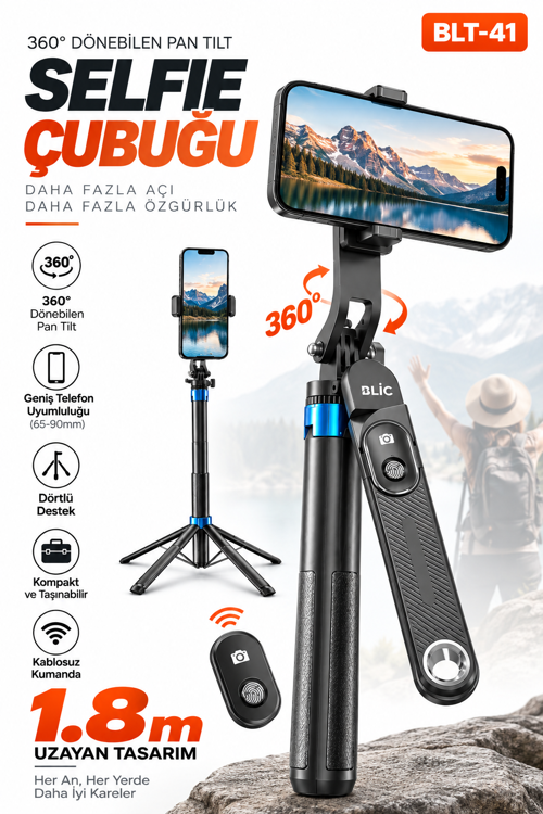 BLT-41 1.8 Metre 360° Dönebilen Pan Tilt Bluetooth Selfie Çubuğu Tripod – Kablosuz Kumandalı Al