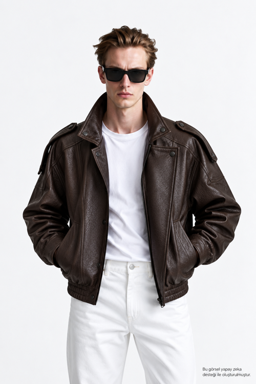 Erkek Oversize Rahat Kalıp Koyu Kahve Suni Deri Ceket-002419
