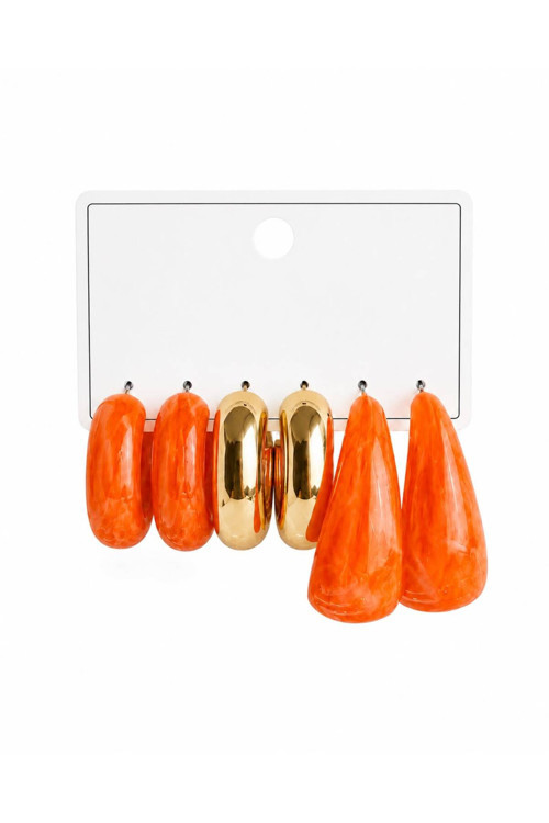 Turuncu Reçine Görünümlü Sunset Glow 3’Lü Küpe Seti Gold Halka Küpe Kombini