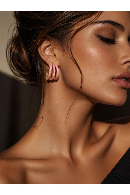 Gold Pembe Üçlü Halka Küpe Paslanmaz Çelik Minimal Modern Kadın Küpe