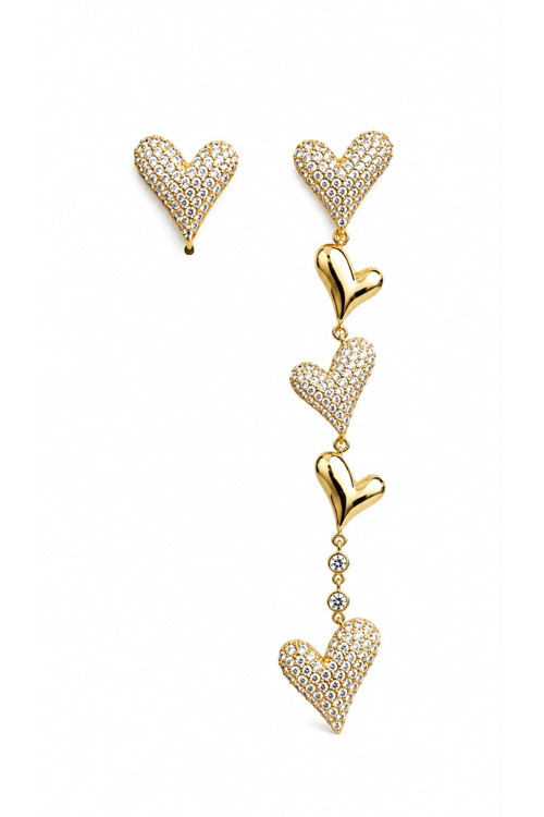 Gold Kalp Asimetrik Küpe Seti – Zirkon Taşlı Sallantılı & Sallantısız Şık Kadın Küpe