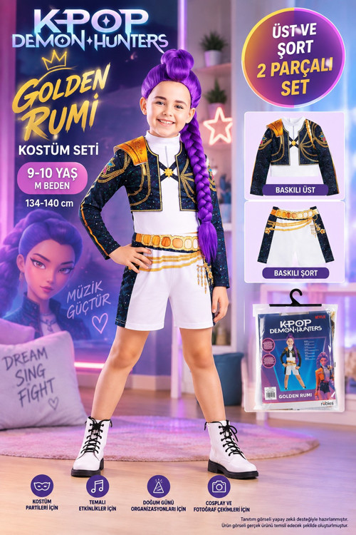 K-Pop Demon Hunters Golden Rumi Çocuk Kostüm Seti 9-10 Yaş M 134-140 cm