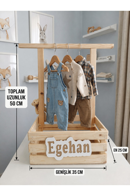 Kişiye Özel İsimli Ham Naturel Ahşap Bebek Kırk Sepeti – Salıncak Hediyeli Çam Kasa