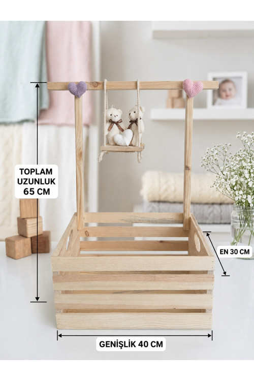 Doğal Çam Ahşap Bebek Kırk Sepeti Ve Askılığı – Kalp Kulplu Hatıra Ve Hediye Sepeti - (Salıncak Ve Bir Adet Ayıcık Hediyeli)