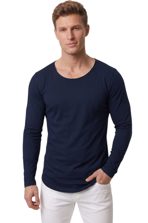 Erkek Lacivert %95 Pamuk Slim Fit Kesik Açık Yaka Likralı Penye Sweatshirt Oval Kesim 2602299