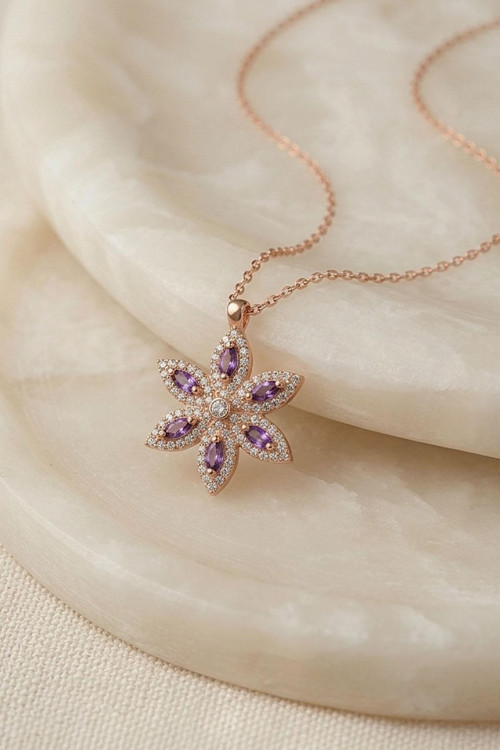 Ametist Taşlı Lotus Çiçeği Gümüş Kolye
