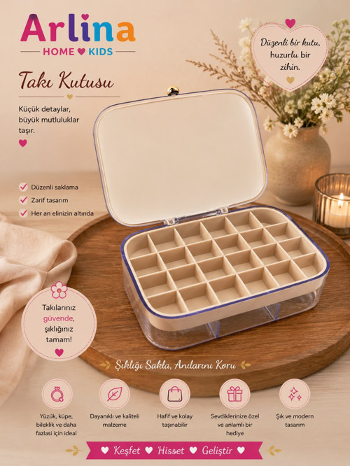 30 Bölmeli Takı Kutusu Düzenleyici Seyahat Çantası Kolye Yüzük Küpe Organizer Krem 18cmx12,5cm