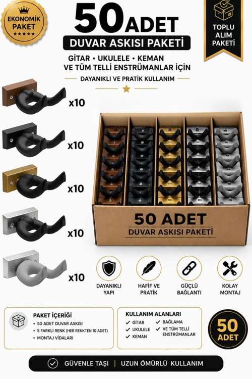 EDS-666-50X Kaliteli 50'li Enstrüman Duvar Askısı Standı Aparatı Toptan Paket-1 (Gitar, Ukulele, Keman, Bağlam