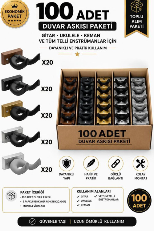 EDS-666-100X Kaliteli 100'lü Enstrüman Duvar Askısı Standı Aparatı Toptan Paket-2 (Gitar, Ukulele, Keman, Bağl