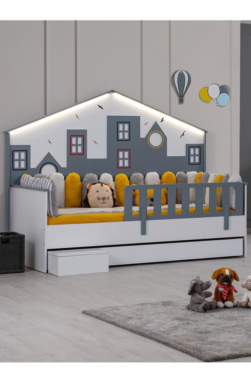 Yavrulu Montessori Karyola, City Yavrulu Montessori Yatak Panolu Korkuluklu gri-90 x 190