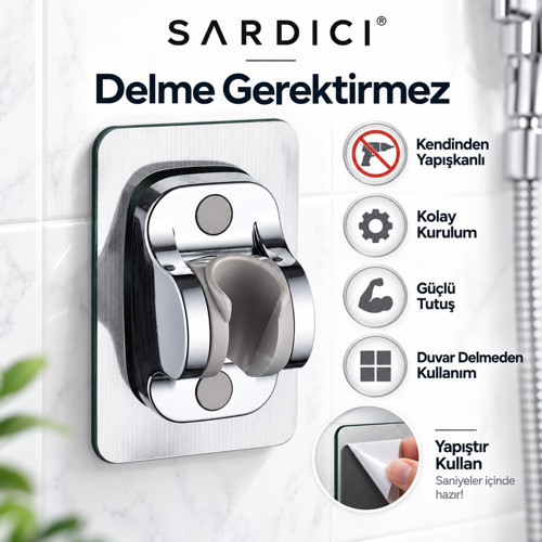Krom Kendinden Yapışkanlı Duş Başlığı Askısı Ayarlanabilir Mafsallı