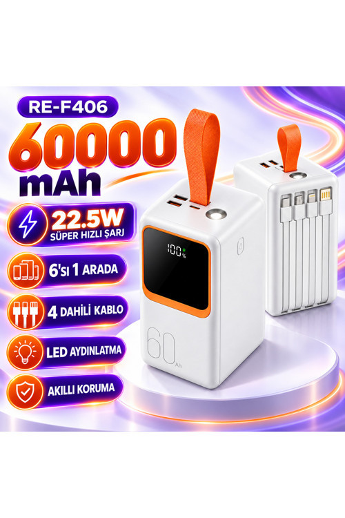 60000 mAh 22.5W Hızlı Şarj Powerbank 6 Çıkışlı Dahili 3 Kablolu LED Fenerli Dijital Göstergeli- RE-F406