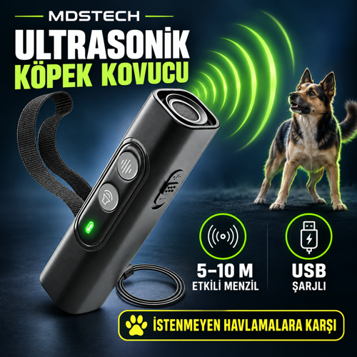MDSTECH Ultrasonik Köpek Kovucu ve Eğitici USB Şarjlı Havlama Önleyici 5-10 m Köpek Uzaklaştırıcı N20