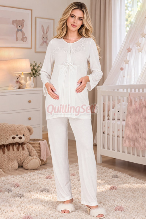 Ekru Renkli, Dantel Detaylı 33209 Uzun Kol, 2 Parça Lohusa Hamile Pijama Takımı