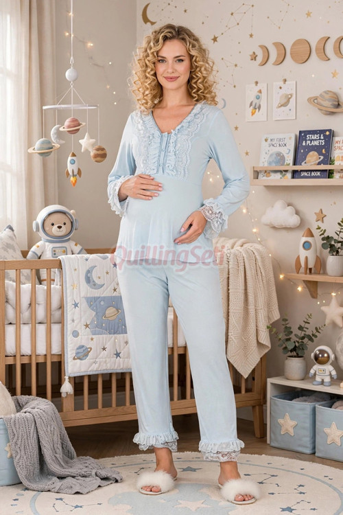 Bebe Mavi Renkli, Dantel Detaylı, 33208 Uzun Kol, 2 Parça Lohusa Hamile Pijama Takımı