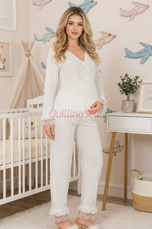 Ekru Renkli Dantel Detaylı, 33208 Uzun Kol 2 Parça Lohusa Hamile Pijama Takımı