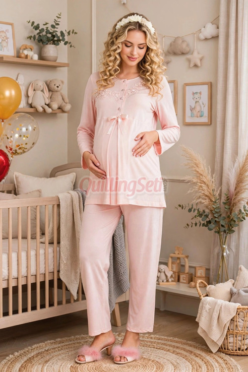 Bebe Pembe Renkli, Dantel Detaylı 33209 Uzun Kol, 2 Parça Lohusa Hamile Pijama Takımı