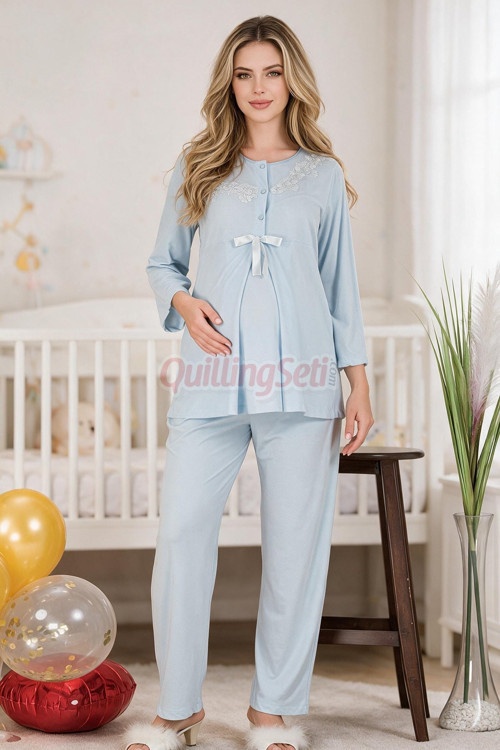 Bebe Mavi Renkli, Dantel Detaylı 33209 Uzun Kol, 2 Parça Lohusa Hamile Pijama Takımı