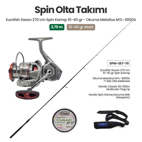 Eurofish Saxon 270 cm 10-40 gr Spin Kamışı + Okuma Metolius MTL-3000A Spin Makinesi + Spin Set 70
