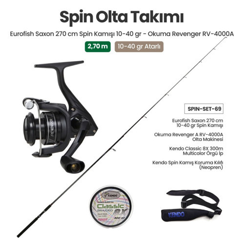 Eurofish Saxon 270 cm 10-40 gr Spin Kamışı + Okuma Revenger A RV-4000A Spin Makinesi + Spin Set 69