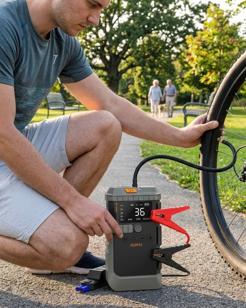 Araç Lastik Basınç Pompası Akü Takviye Powerbank ve SOS Işıklı Çok Fonksiyonlu Cihaz