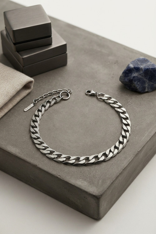 Bakımlı Erkek için Silver Çelik Cuban Zincir Stil Erkek Bileklik
