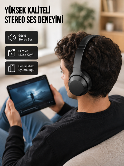 Bluetooth 5.0 Siyah Kablosuz Kulaklık 18 Saat Batarya Katlanabilir Tasarım Yeni Nesil