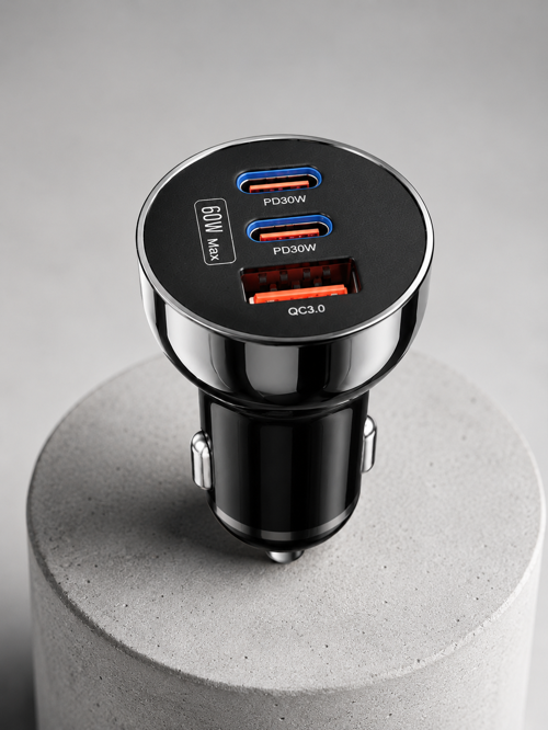 60W Araç İçi Hızlı Şarj Adaptörü Çift USB-C PD ve USB-A QC3.0